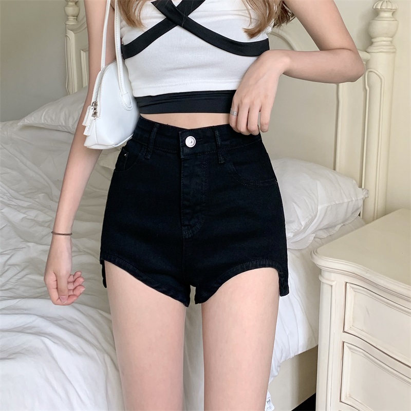Real shot of leg-quality denim shorts 2024 new high-waisted straight wide-legged slimming pants for women hot pants