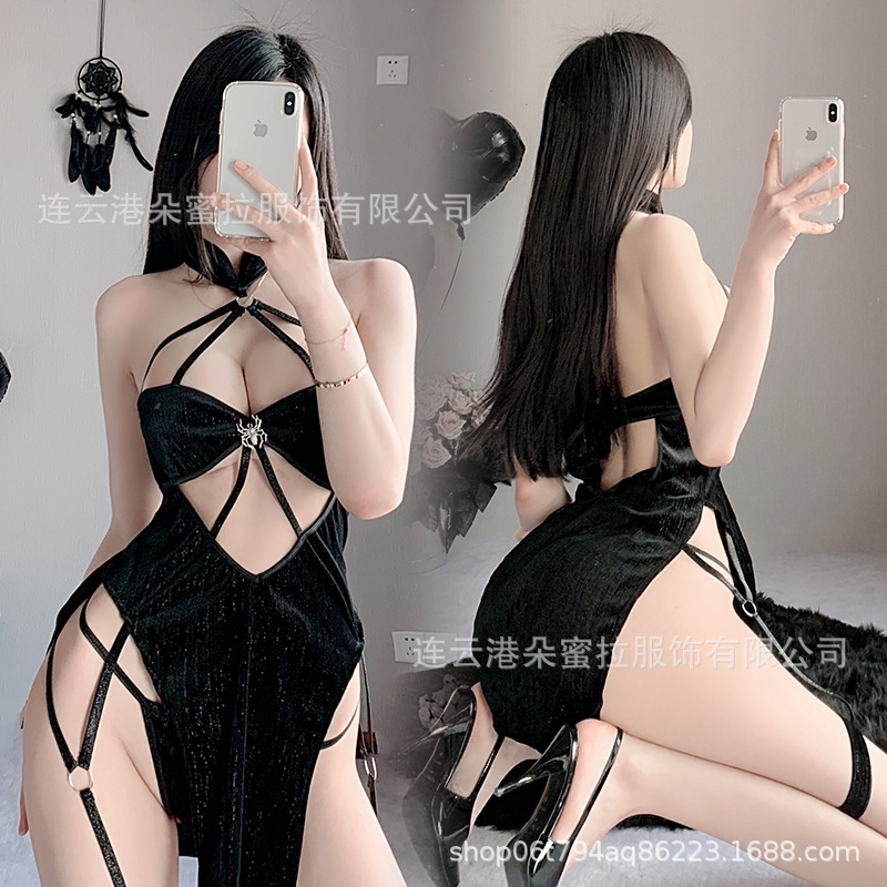 Domila sexy lingerie hollow halter neck spider cheongsam high waist slit girl uniform suit dropshipping F282