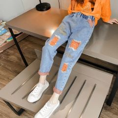 Children's clothing, girls' jeans, spring and autumn style ripped girls' casual style trousers, medium and large children's loose children's trousers trendy