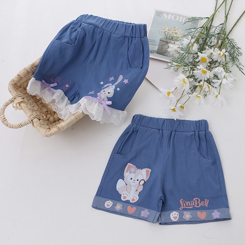 Summer new Korean style children's clothing girls cartoon denim shorts casual pants lace cartoon