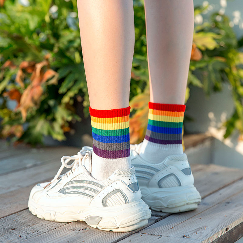 Rainbow socks for women spring and summer Korean version ins Chao Hyun Ya personalized versatile colorful striped mid-calf socks Japanese college style