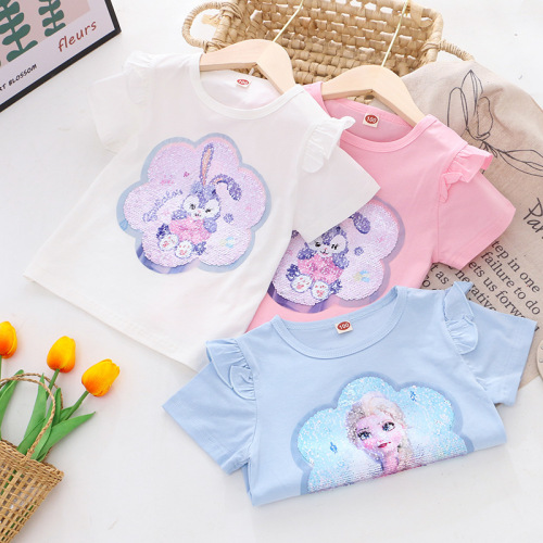 Children's summer clothing new style girls short-sleeved T-shirts girls color-changing sequined tops manufacturer