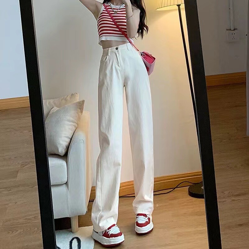White narrow wide-leg straight jeans for women in autumn new high-waisted slimming drapey floor-length pants for small people