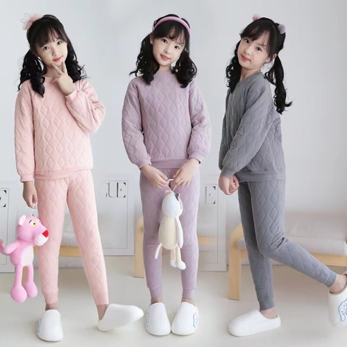 Boys and girls thermal underwear set plus velvet and thickened three-layer quilted bottoming children's cotton coat and pants big children's pajamas