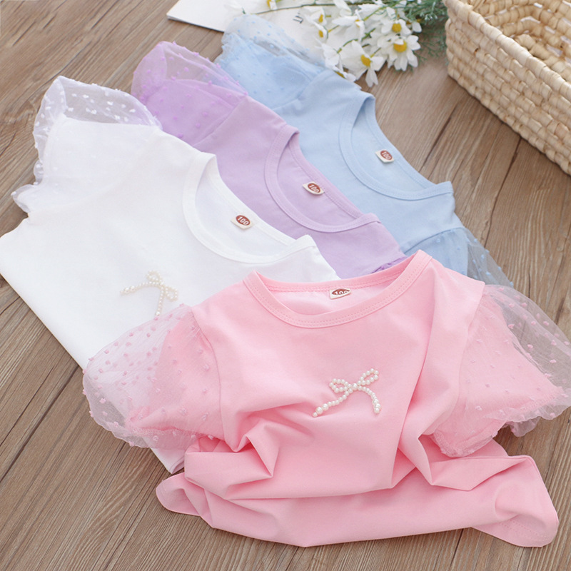 2024 Girls Summer Short Sleeve Tops Little Girls T-Shirts Middle Children Half Sleeve T-Shirts Puff Sleeves Pearls