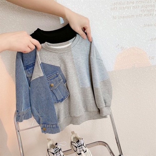 Girls denim patchwork sleeves loose sweatshirt autumn new style casual pullover for children and middle-aged children 82136