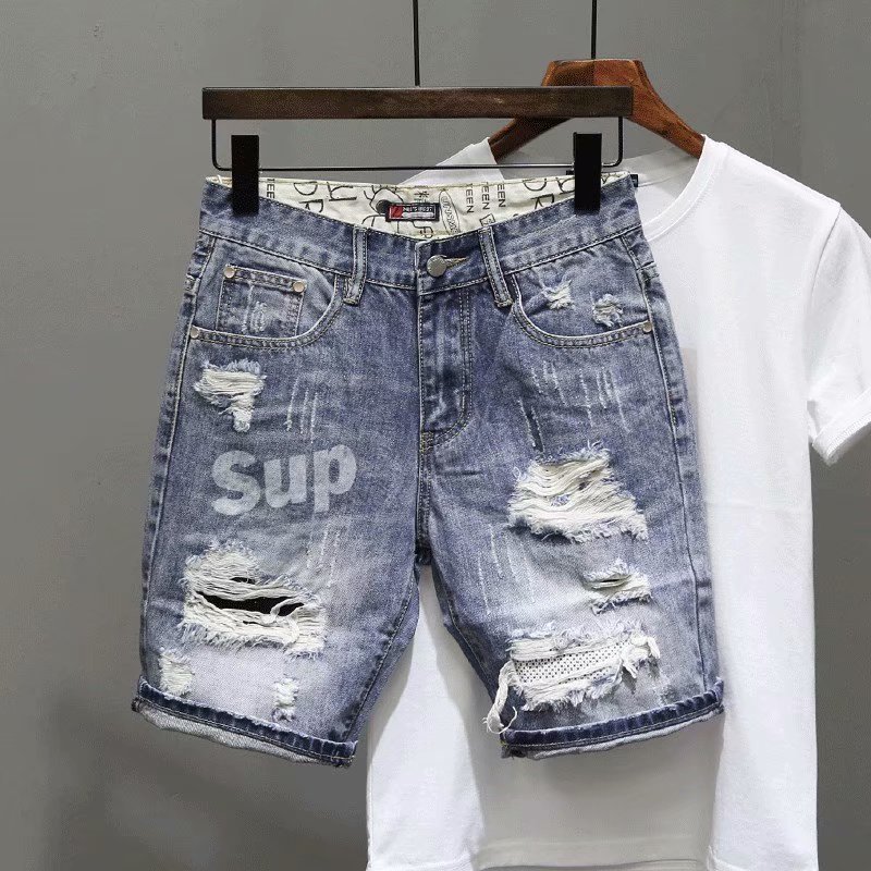 Summer Internet celebrity ripped men's denim shorts trendy brand personalized print slim fit and spirited boy versatile five-point mid-pants