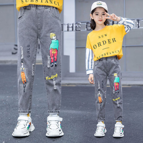 Wholesale girls' jeans spring and autumn new style medium and large children's casual baby loose little girls and children's long pants