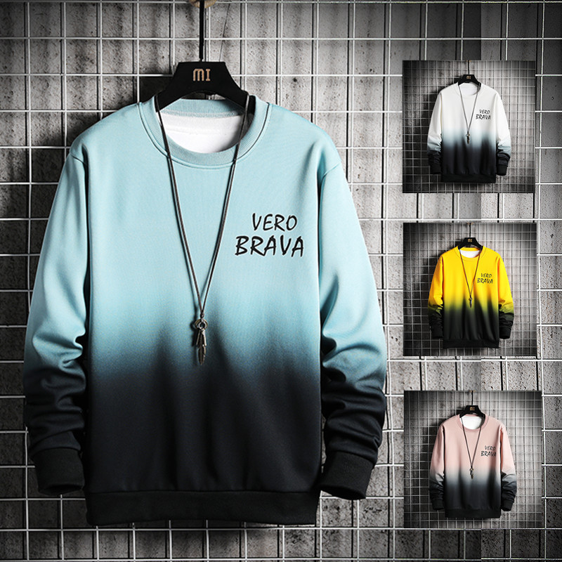 Men's spring and autumn personalized gradient color popular casual sweatshirts for teenagers round neck trendy Korean style loose tops