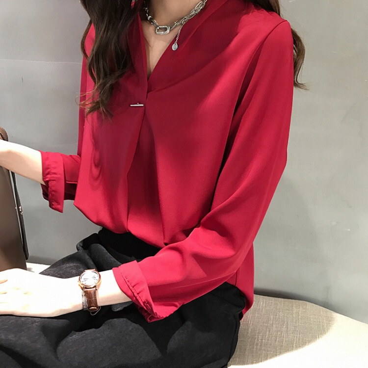 Spring and summer new style gentle style V-neck shirt women's long-sleeved top Korean style chiffon shirt solid color bottoming