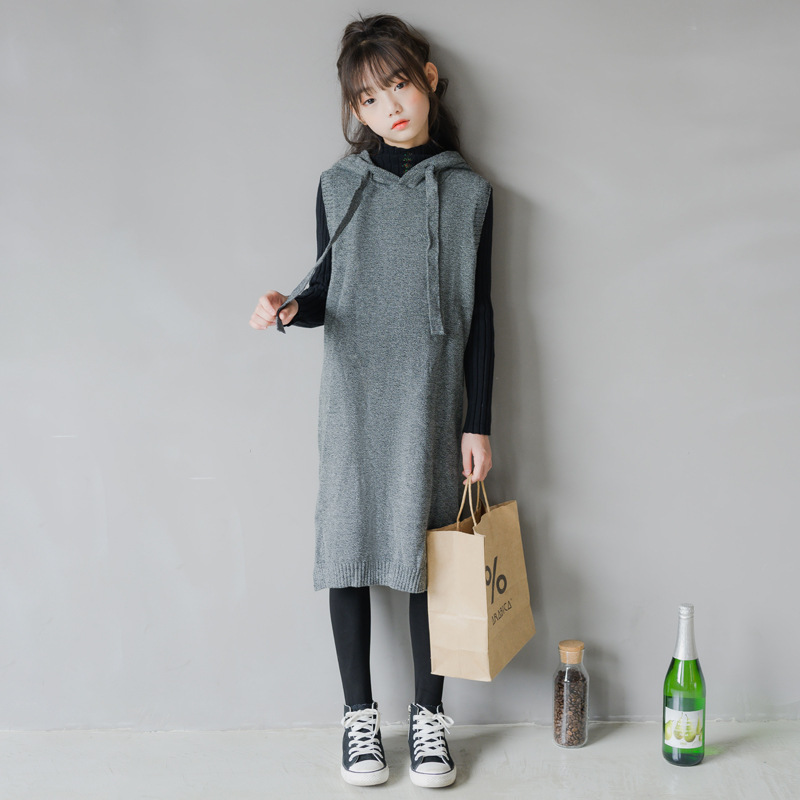 13257 Girls Dress 2020 Autumn and Winter New Korean Style Hooded Vest Dress Long Vest Knitted Sweater Dress
