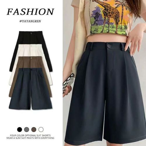 Suit shorts women's summer thin loose casual high-waisted wide-leg mid-pants A-line slim summer straight-leg five-quarter pants