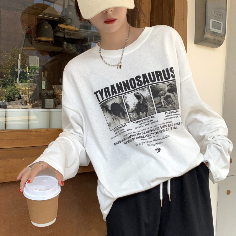 實拍實際價春季新款韓版復古印花白色圓領長袖T恤打底衫
