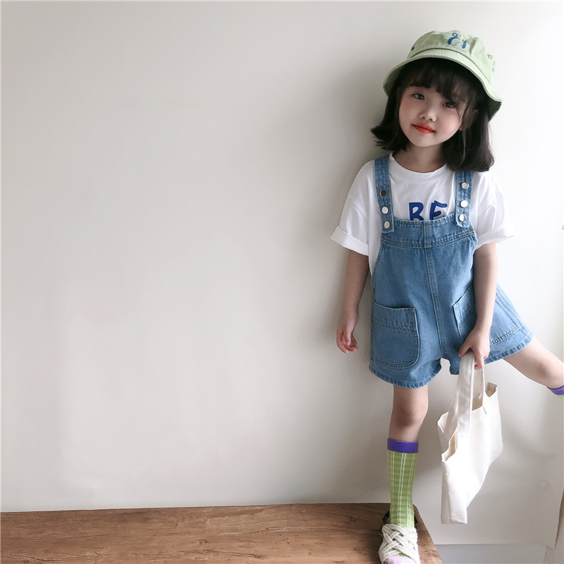 Summer new product children's denim overalls shorts children's fashionable summer anti-shoulder overalls casual pants trendy