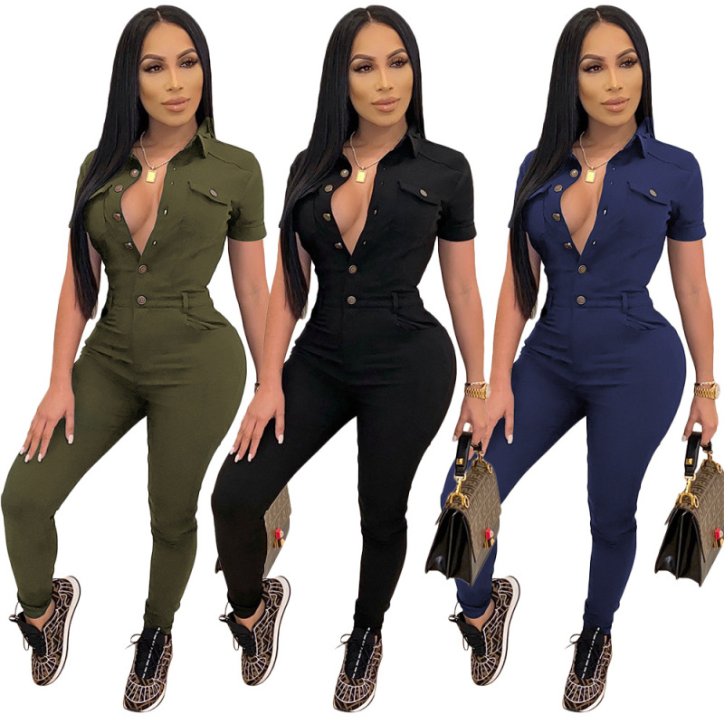 S390172 Amazon foreign trade European and American clothing casual solid color lapel short-sleeved single-breasted jumpsuit for women