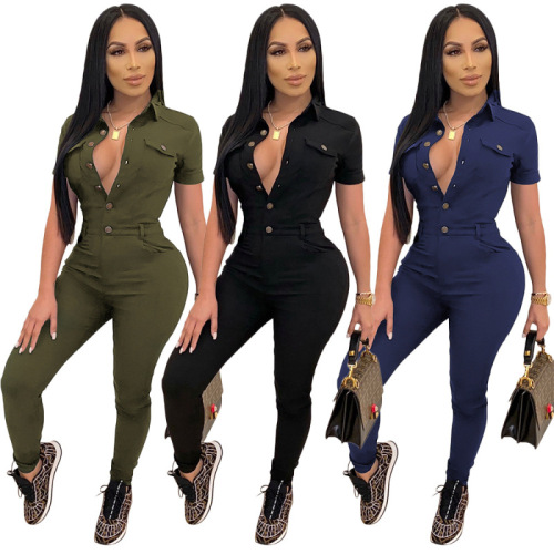 S390172 Amazon foreign trade European and American clothing casual solid color lapel short-sleeved single-breasted jumpsuit for women