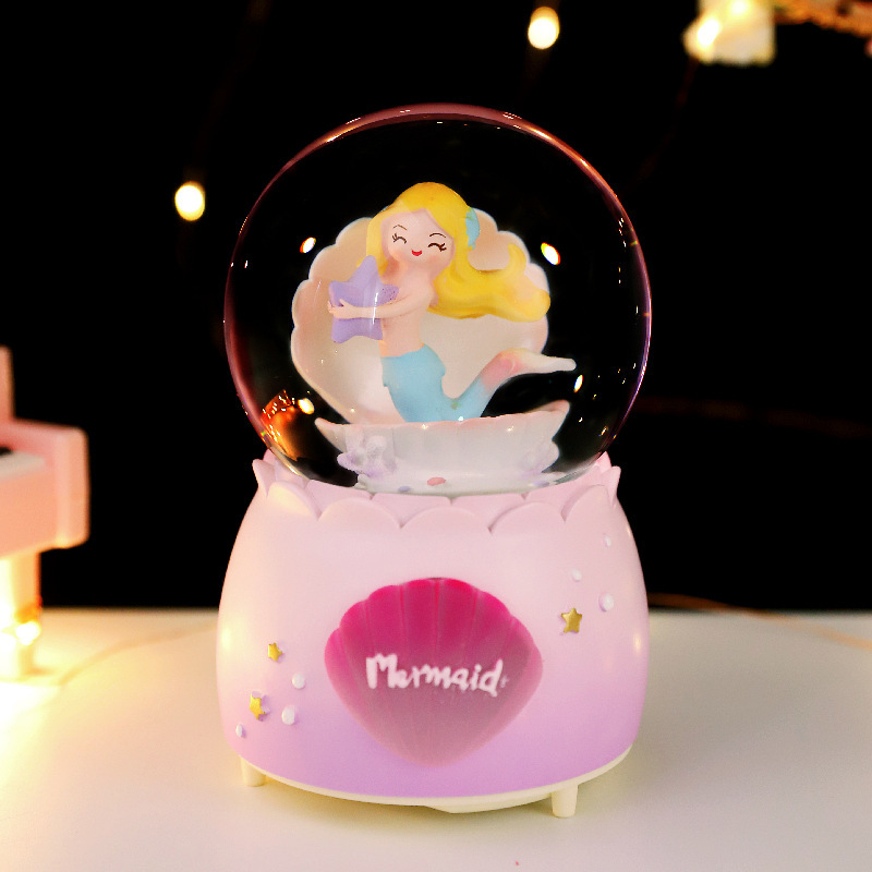 Romantic Bubble Mermaid Princess Crystal Ball Fantasy Crystal Ball Music Box Colored Lights Floating Snowflakes Girls' Day Gift