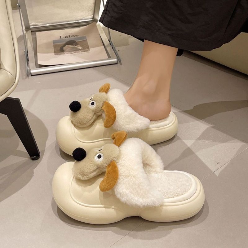 Thick-soled Baotou Cotton Slippers for Women Cartoon Cute Puppy Warm and Waterproof Indoor Home Non-slip Anti-odor Furry Slippers