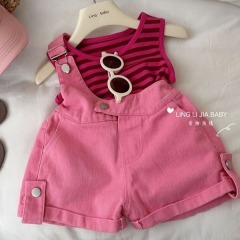 Girls denim overalls suit new children's baby summer striped vest overalls shorts two-piece set