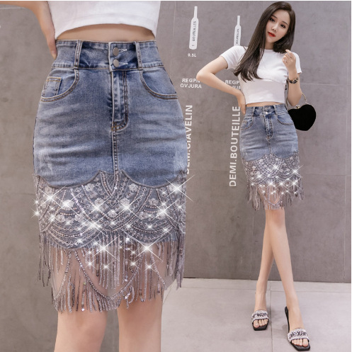 2024 Spring and Summer Style Tassel Stretch Denim Skirt for Women Korean Style High Waist Sequined Skirt Sexy Denim Cover Hip Skirt for Women
