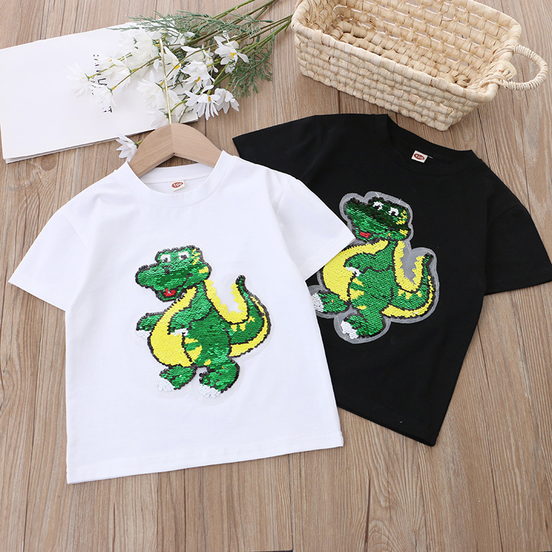 Children's clothing new summer boys' short-sleeved T-shirt thin dinosaur color-changing sequin top summer live cotton