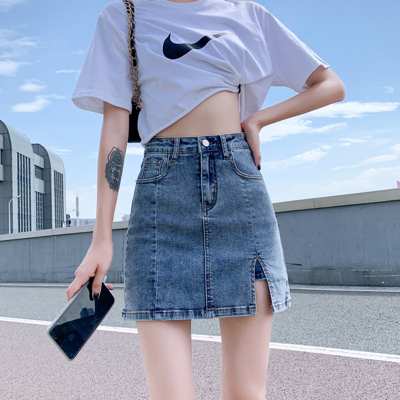 2024 Spring Stretch Denim Skirt Women's High Waist Anti-exposure A-Line Short Skirt Slit Hip Cover Skirt