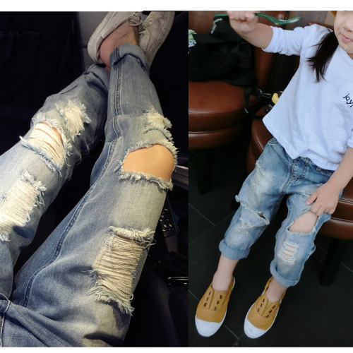Children's casual jeans new spring and autumn boys and girls Korean style ripped long pants for small, medium and large children