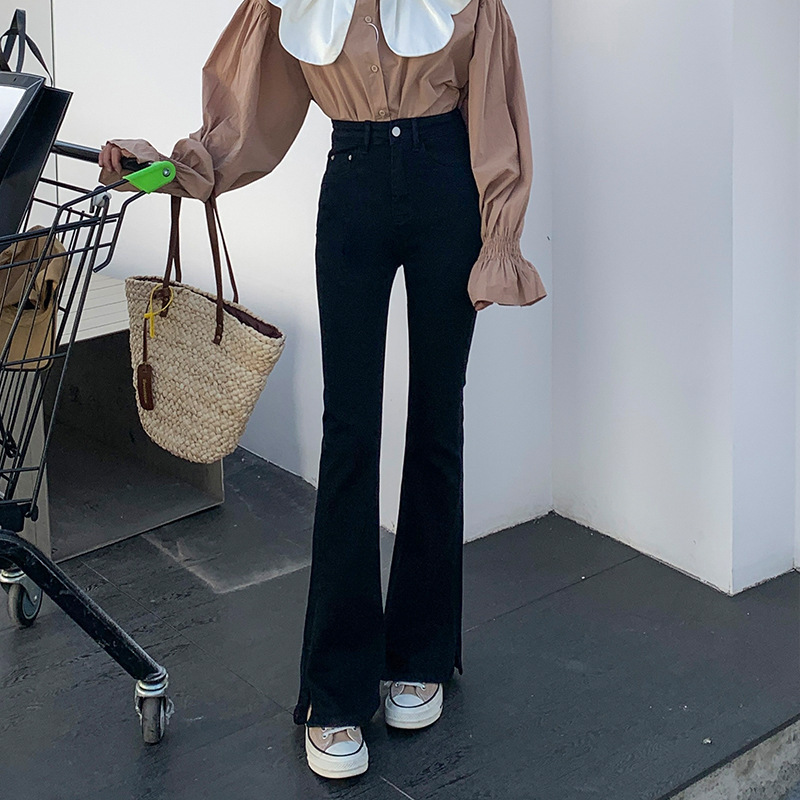 Spring new style bootcut jeans for women, Korean style high-waist slim stretch black horseshoe trousers flared long trousers