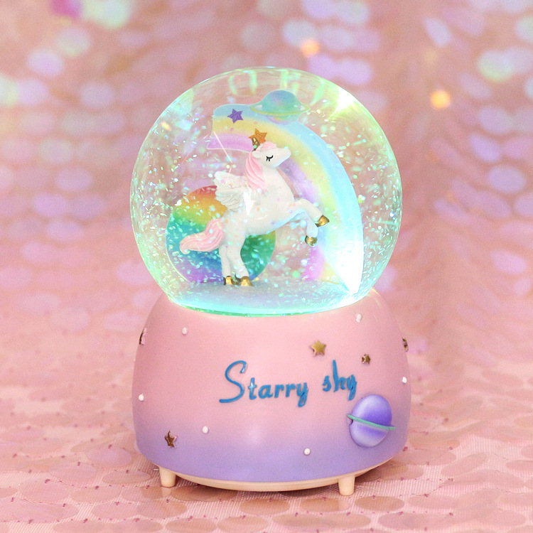 Creative girly heart unicorn crystal ball rainbow music box ornaments snow music box children and students gifts