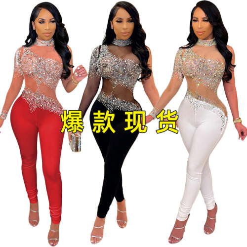 S390212 AliExpress cross-border foreign trade fashion sexy mesh see-through hot diamond trousers long-sleeved jumpsuit for women