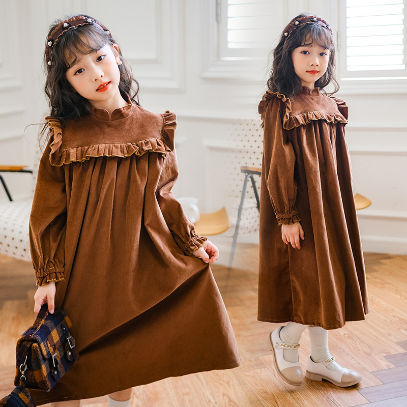 Girls' dress autumn and winter new long-sleeved ruffled velvet skirt for big children forest style girl princess skirt