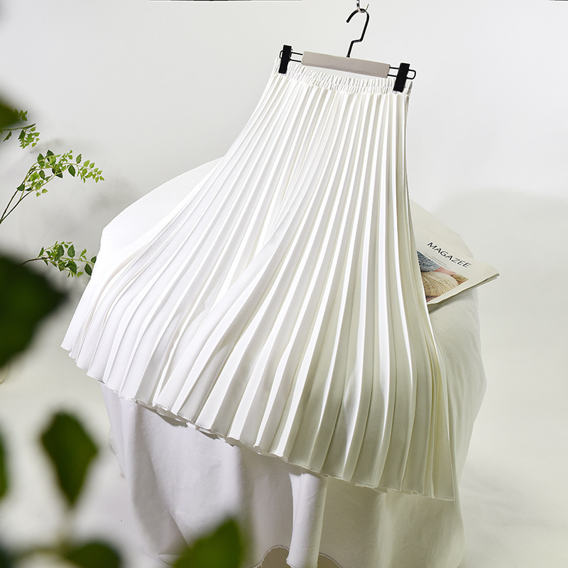 Spring and summer pleated skirt for women, new Korean style high-waisted versatile thickened mid-length solid color temperament skirt
