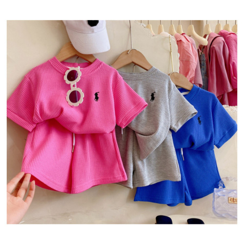 Korean children's clothing summer boys and girls sports suits children's solid color T-shirt shorts two-piece set trendy 38089