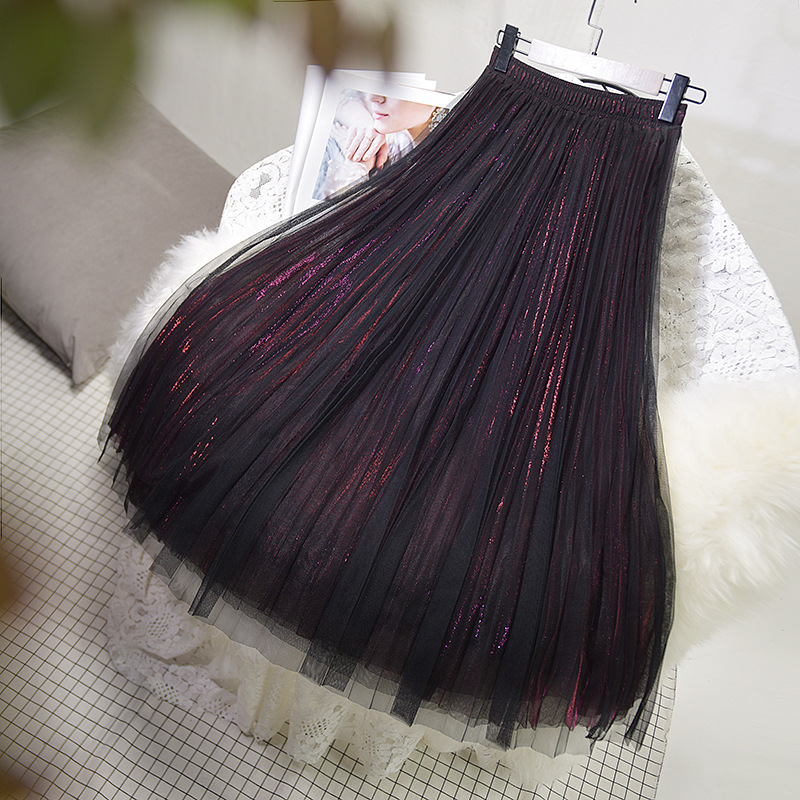 Slim mesh skirt, mid-length women's bright silk gauze skirt, versatile high-waisted puffy pleated skirt, autumn and winter flowing skirt