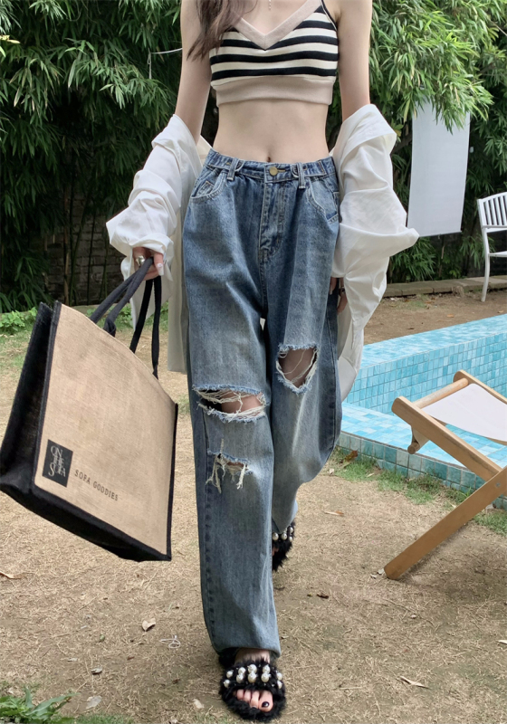 實拍 春季新款高腰可調節破洞寬鬆闊腿褲長牛仔褲女