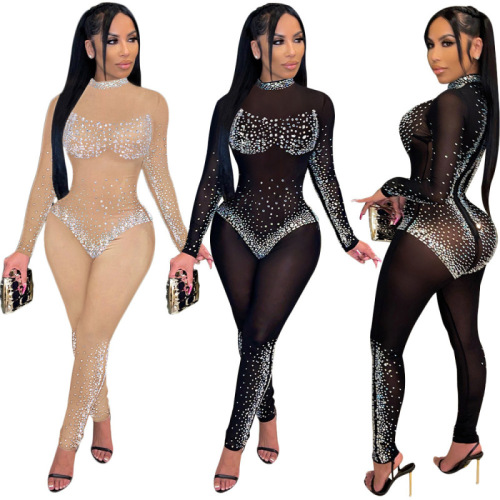 S390218 AliExpress cross-border foreign trade fashion sexy mesh see-through hot diamond trousers long-sleeved jumpsuit for women