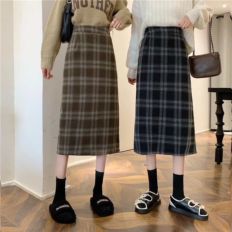 12 colors of autumn and winter new Korean style plaid woolen skirt high waist mid-length skirt slit plaid mid-length straight skirt