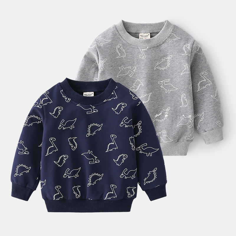 Casual long-sleeved children's sweatshirt Dinosaur simple cartoon unhooded pullover Blue and gray cute boys' sweatshirt
