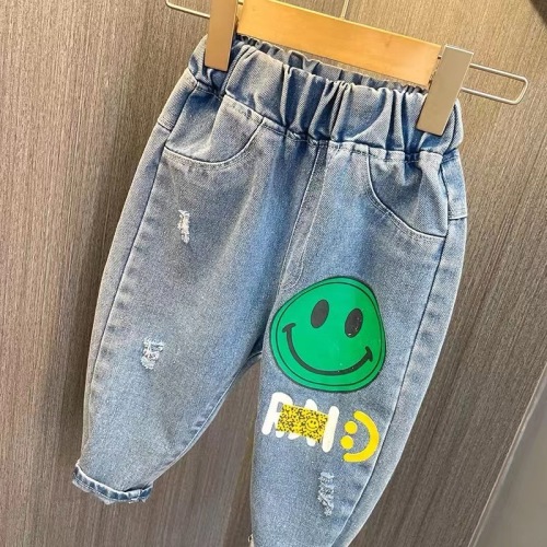 Boys' denim pants, smiling casual trousers, children's spring and autumn trousers, baby spring and autumn outer wear for children