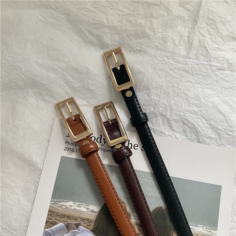 Brown retro thin belt for women, simple square buckle, temperament, matching dress, shirt, summer belt ins