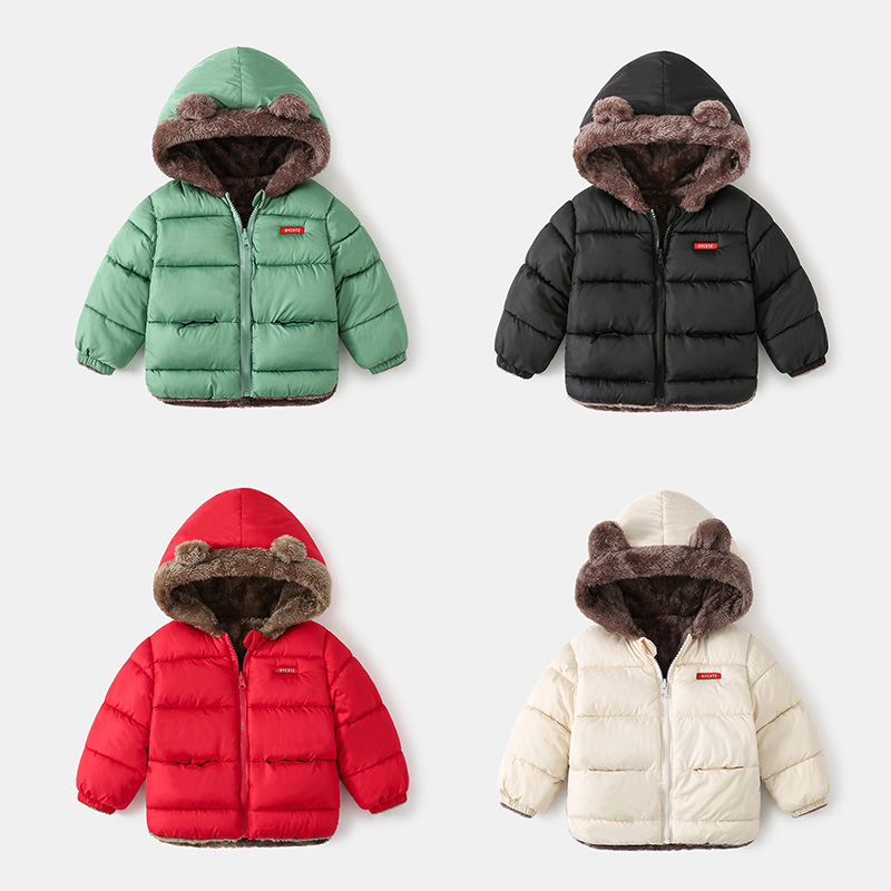 Winter thickened children's cotton coat, casual hooded and velvet children's cotton coat, warm double-sided cotton coat for boys and girls