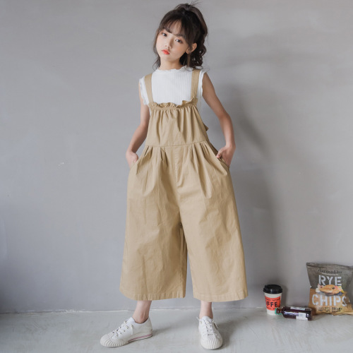 Girls overalls spring and summer Korean style children's clothing casual loose straight wide leg culottes medium and large children 8 points pants
