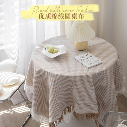 Japanese and Korean small round table cotton and linen tablecloth outdoor birthday coffee table cloth B&B tassel tablecloth decoration home table mat camping