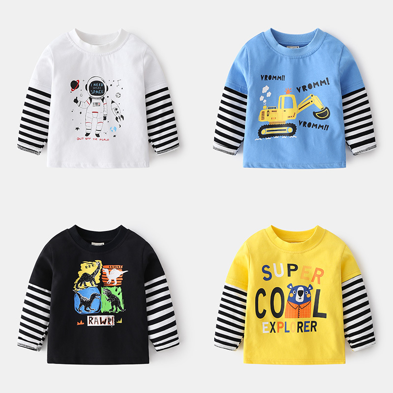 Spring long-sleeved T-shirt for boys, cotton round neck hooded children's clothing, cute fashionable casual children's clothing tops