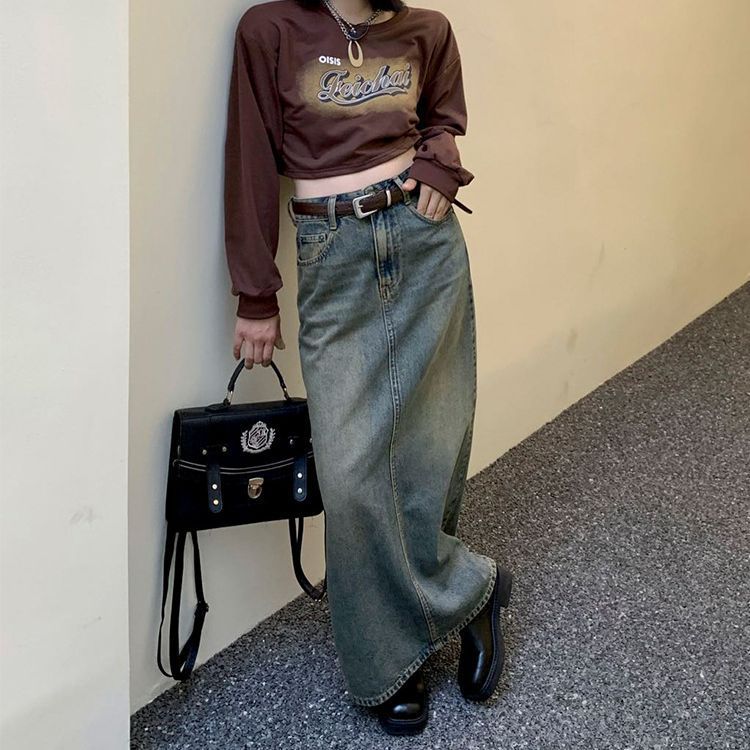 YMT Distressed Denim Skirt for Tall Women American Retro Style High Waist Belt Slit Long Straight Skirt