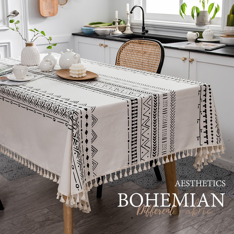 Bohemian tablecloth cotton and linen no-wash fabric ethnic style rectangular tassel dining bed and breakfast tablecloth waterproof and oil-proof