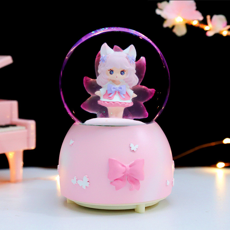 Autumn and winter new cartoon nine-tailed fox crystal ball music box cute ancient style girl rotating snow music box ornaments