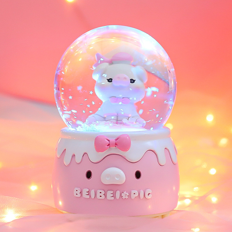 Cartoon Doodle Pig Crystal Ball Music Box Creative Pink Pig Music Box Girls Bedroom Desktop Luminous Glass Ball