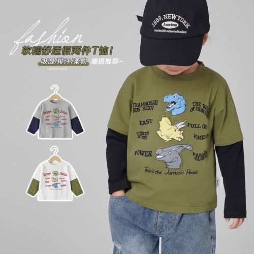 Right European boy's long-sleeved T-shirt spring clothing spring and autumn children's clothing children's baby bottoming shirt dinosaur top autumn clothing trendy