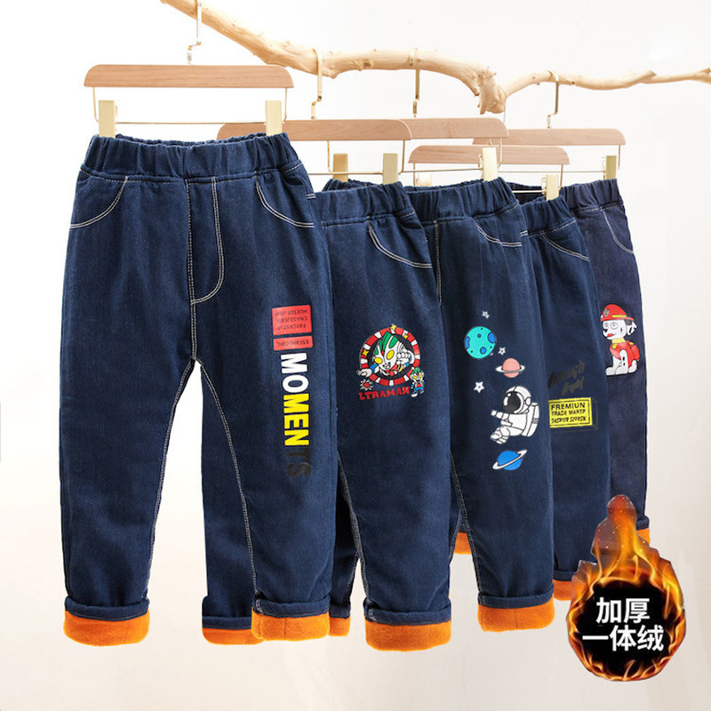 Children's clothing boys' velvet pants thickened winter one-piece velvet medium and large children's warm pants baby denim cotton pants winter